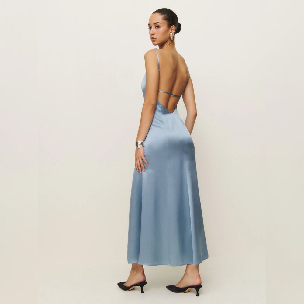 NWOT Reformation Melina Silk Dress in Teardrop Blue Open Back Sleeveless Maxi - Picture 3 of 6